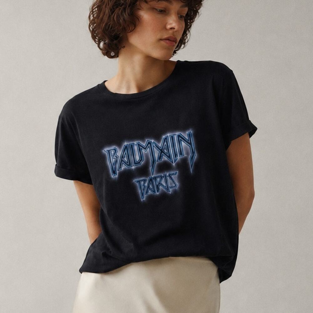 Balmain Paris Short Sleeve Tee Womens FR40/L Black Cotton Relaxed Crewneck